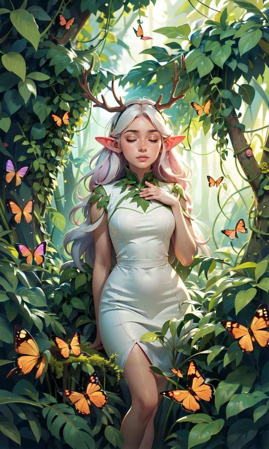 (Masterpiece:1.2), (best quality:1.2), (super high resolution:1.2), Girl, long white hair, pale pink dress, tall antlers, elf ears, vines, butterflies, fireflies, deep in the humid rainforest, moss, Tyndall light, secret wonderland, (HDR:1.2), beautifulconglin, With an intoxicated look, close your eyes and smell, <lora:flowers_in_moon:0.7>