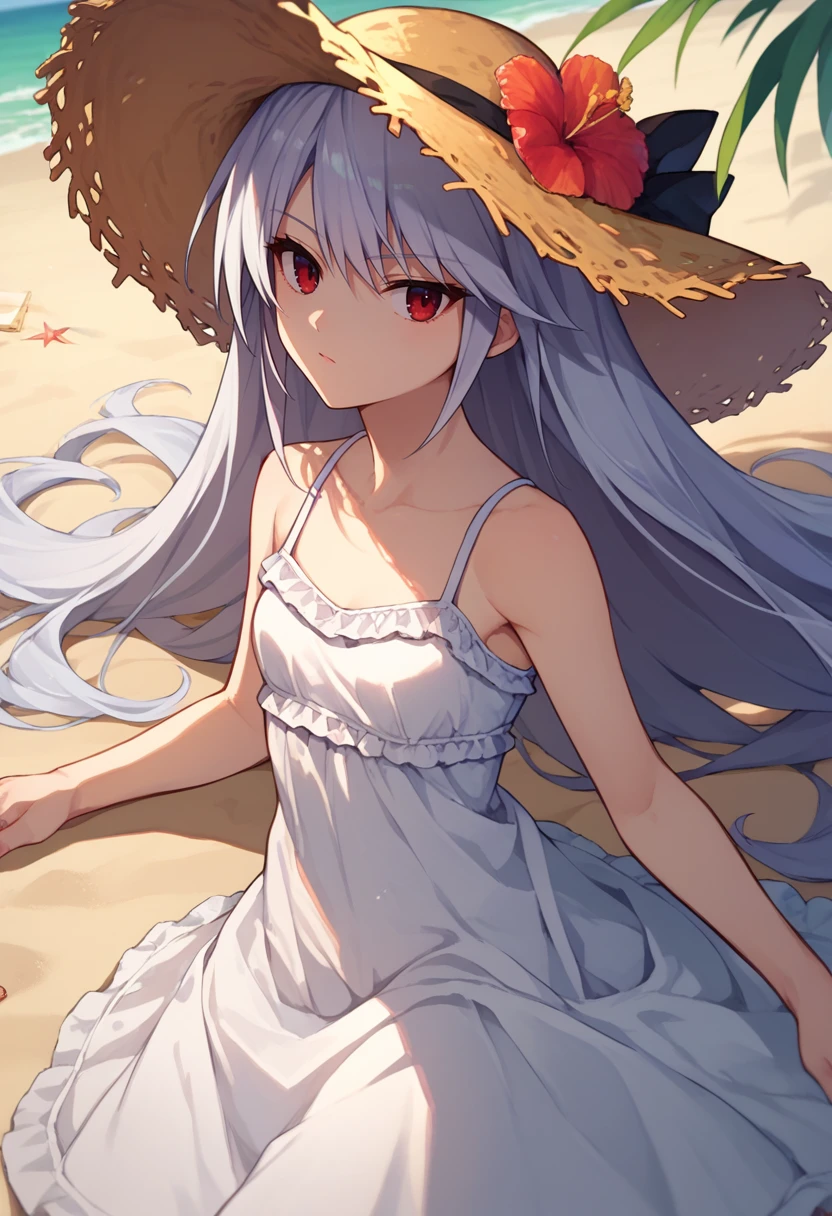 score_9, score_8_up, score_7_up, 1girl, kazami kazuki, silver hair, long hair, red eyes, white sundress, straw hat, beach, <lora:Kazuki DORA6-000007:1>