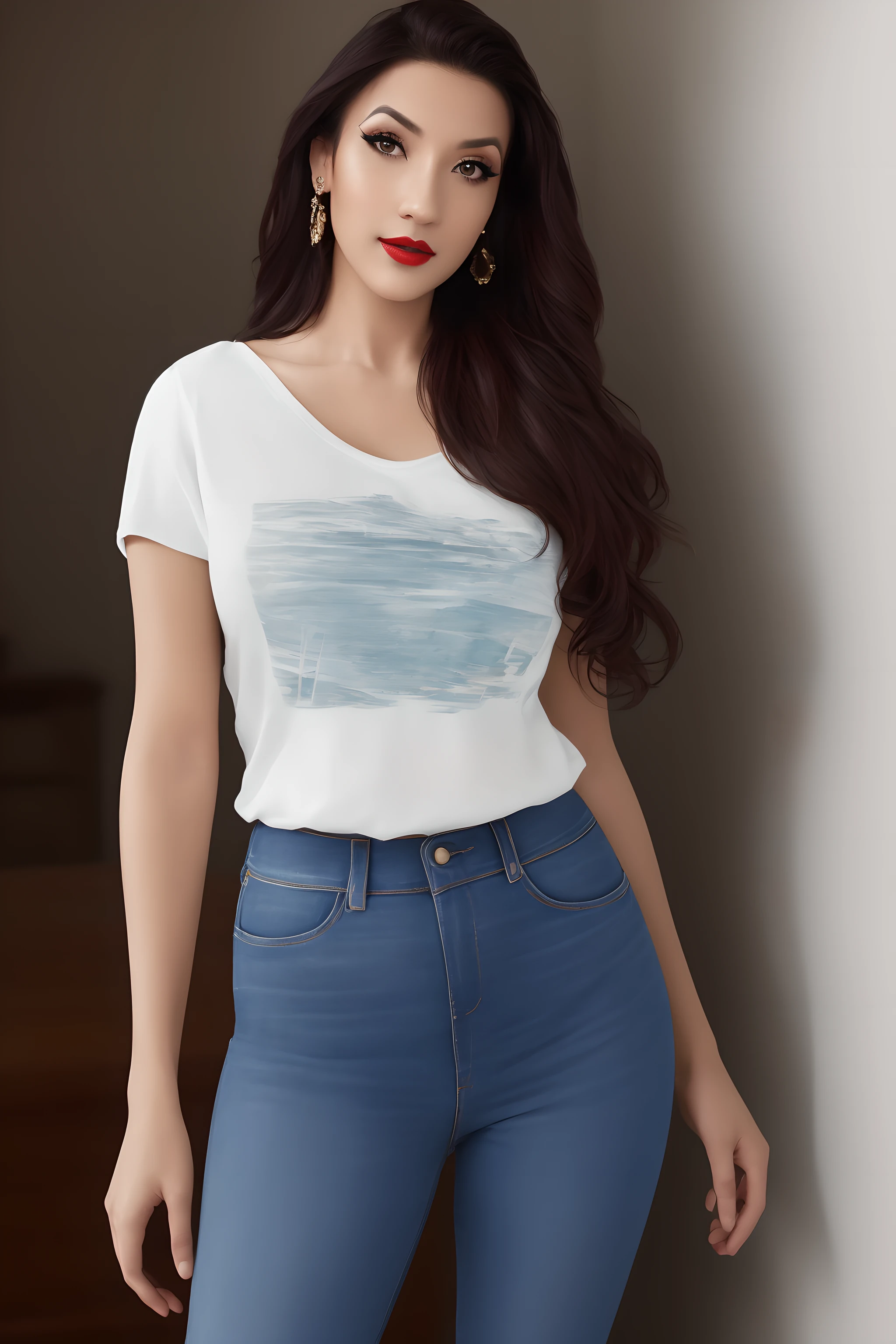 <lora:Christina_Dark:1>,
photo of beautiful (Christina_Dark), ((ultra detailed, masterpiece, best quality)), best quality, ultra high res, ultra detailed face and eyes, (photorealistic:1.4), solo Latina woman, brown eyes,
(extremely detailed skin), (masterpiece), (flawless skin), (model pose), (natural light), (high quality photography), (intricate details), (8k), (HDR), (sharp focus) (Perfect Face) , f2, 35mm, film grain,
a woman in jeans and t-shirt modeling for a picture in a room with a chair and a table, gorgeous woman, slim figure, inside a beauitful living room, high heels, lips, lipstick, long hair, (facing away from viewer,) (looking at viewer,) makeup, red lips, (extremely detailed skin), (flawless skin), (model pose), (natural light), (high quality photography), (intricate details), (8k), (HDR), (sharp focus) (Perfect Face)