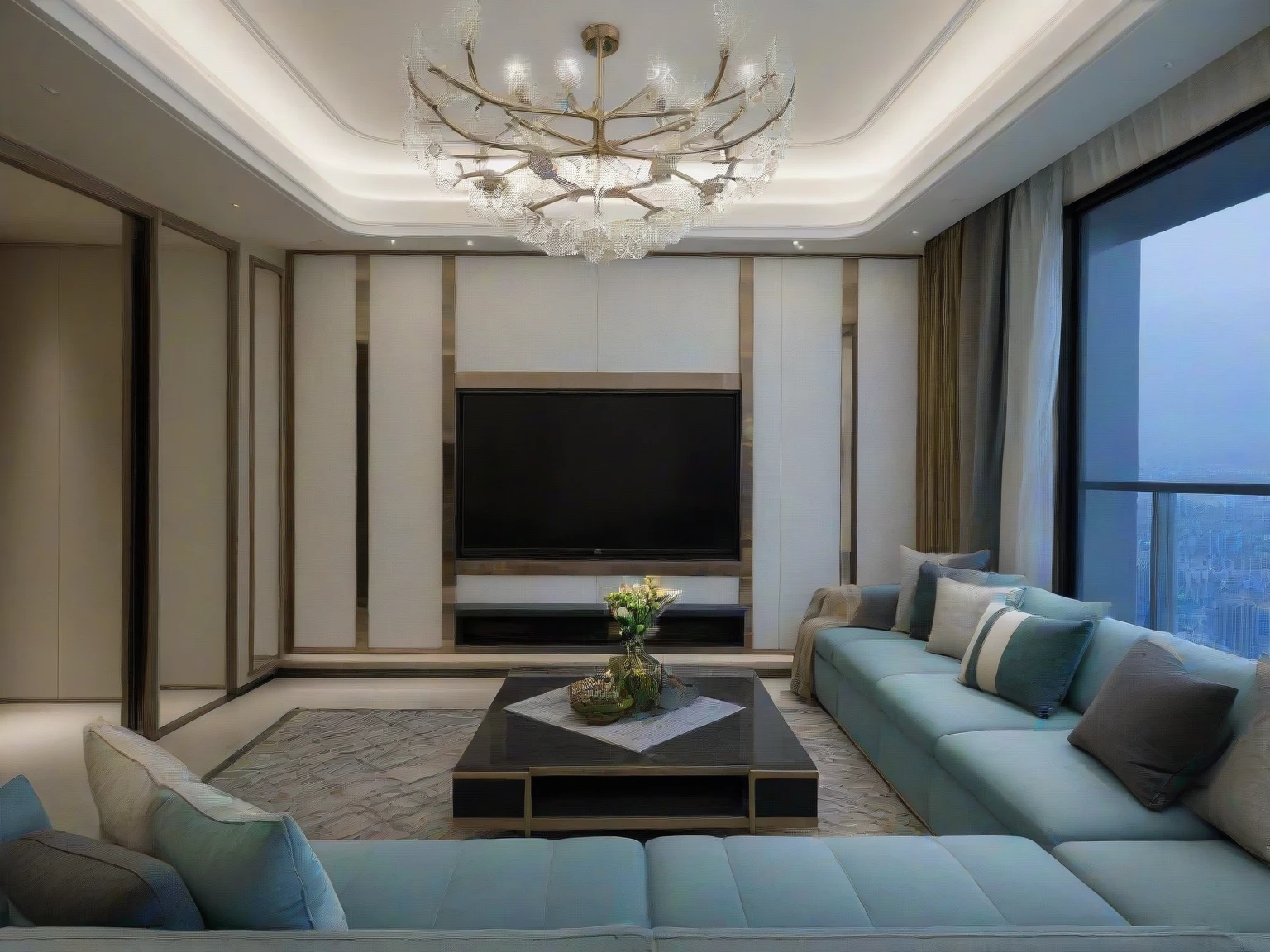 <lora:JJsAffordableLuxury_XL:1>, ((Affordable Luxury)), ((masterpiece)), ((best quality)), scenery, real world location, realistic, high detailed,, soft lighting, (indoor) , no human, window, ((sofa)), pillow, table, television, ceiling light, carpet, curtain, chair, flower,