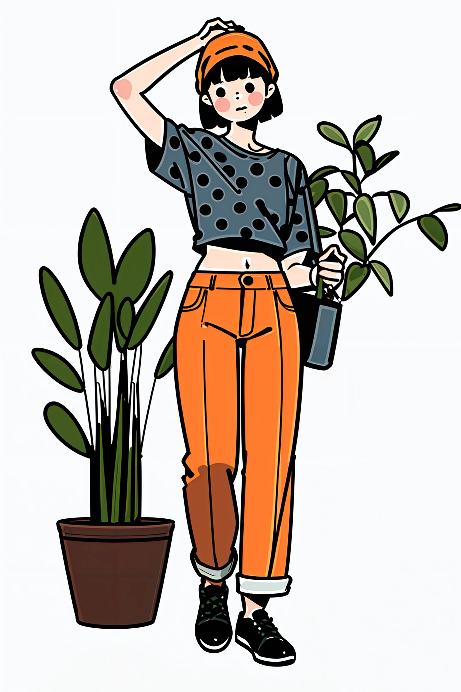 ((masterpiece)), best quality, perfect anatomy,8K wallpaper,
mStroke, solo, plant, 1girl, black hair, short hair, leaf, shirt, black footwear, shoes, arm up, short sleeves, white background, potted plant, simple background, holding, red cheeks, full body, orange pants, standing, blunt bangs, midriff, holding bag, polka dot, grey shirt, orange headscarf, dot eyes
<lora:MStroke_v1:0.7>
