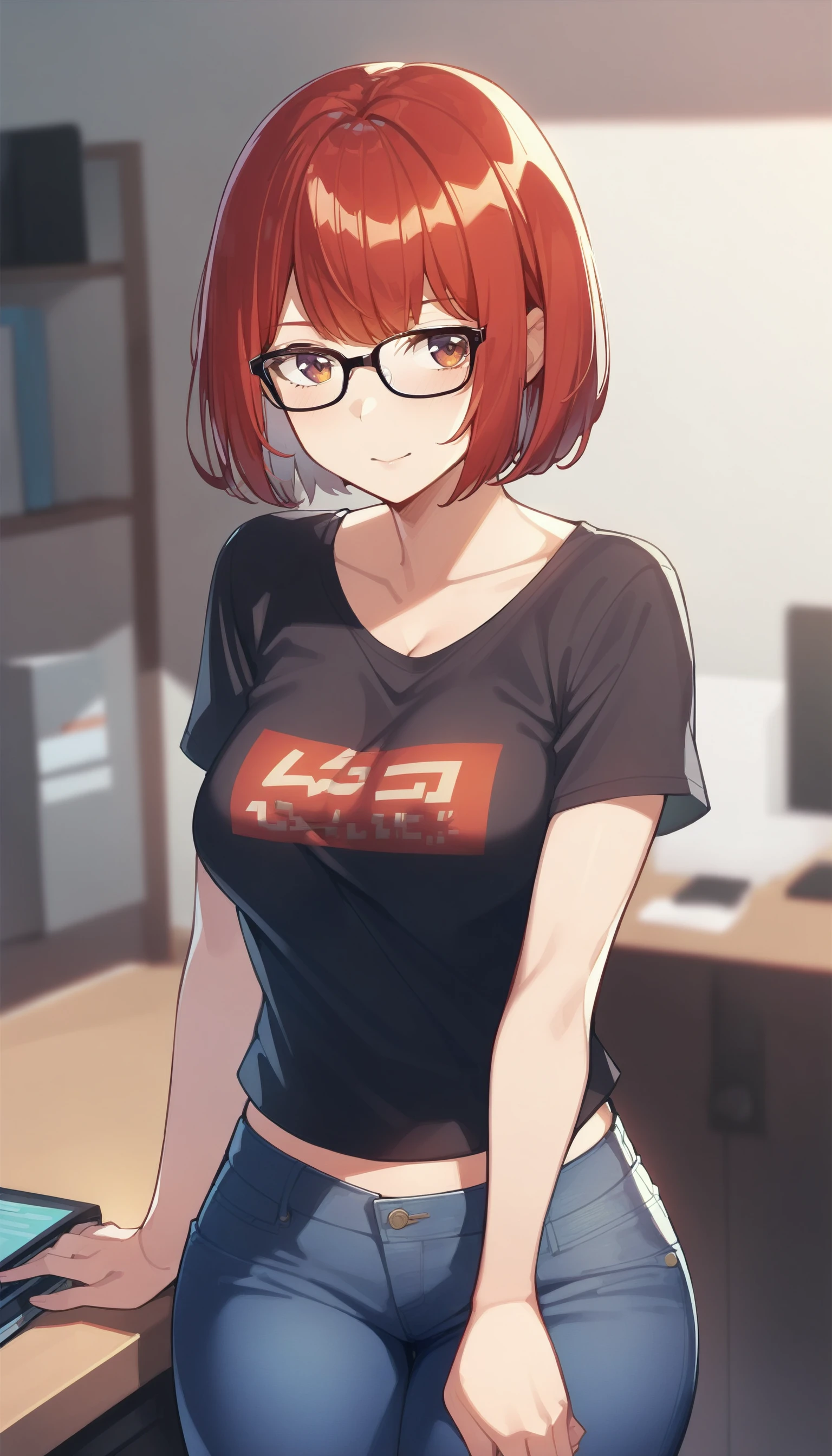 1girl, glasses, indoors, jeans, red hair, short hair, solo, t-shirt