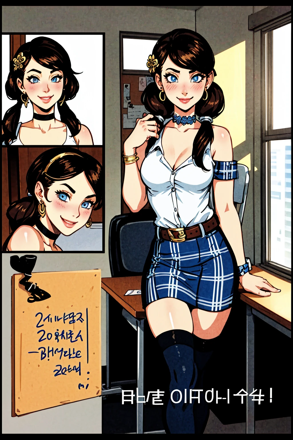 (((text, numbers, graphics))), masterpiece, ultra-detailed, best quality, illustration, 8k cg wallpaper, an extremely delicate and beautiful, 1girl, solo, perfect anatomy, cute face, smiling, blushing, sparkling eyes, deep blue eyes, beautiful detailed eyes, dark brown hair, shoulder-length hair, twintails, cute hair accessories, cute earrings, cute choker, slim body, medium breasts, business outfit, perfect arms, cute arm accessories, black belt with gold buckle, light blue plaid skirt, cute thigh-high stockings, perfect legs, cute, pretty, beautiful, sexy, perfect body, (background: office, desk, chair, bulletin board, windows, intricately detailed items in background), <lora:ATC:1>