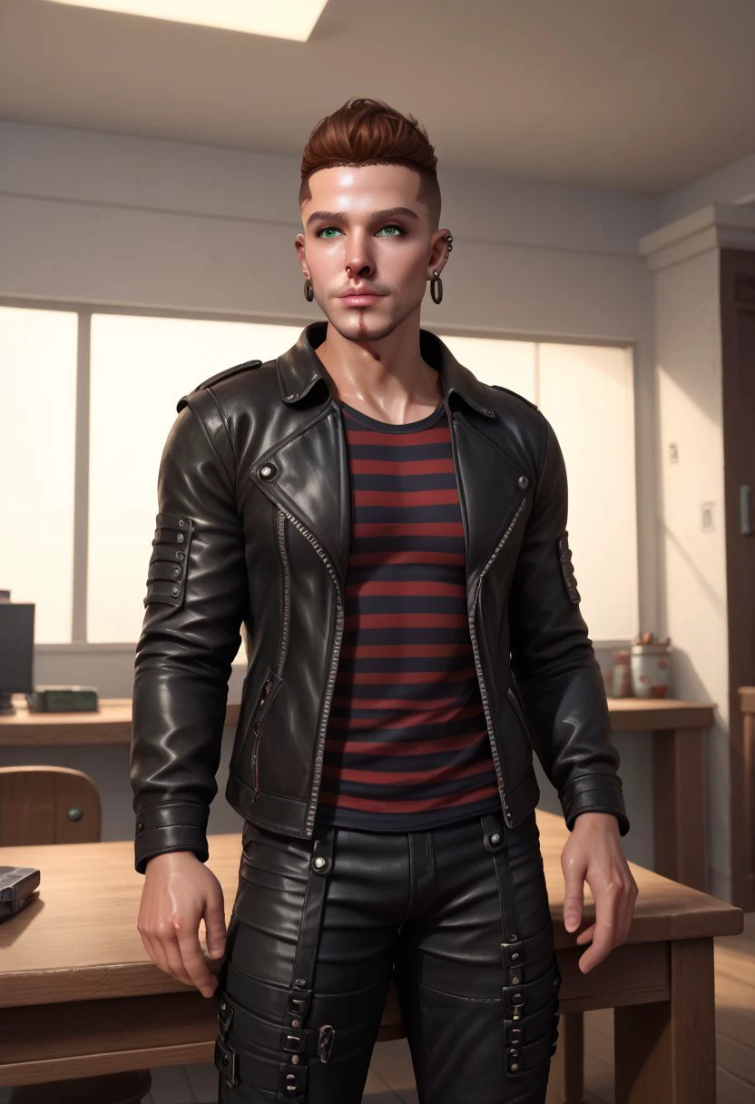 rpskxzt, 1boy, male focus, solo, jacket, leather jacket, leather, shirt, earrings, phone, brown hair, jewelry, striped, piercing, realistic, green eyes, pants, indoors, desk, black jacket, striped shirt, facial hair, ear piercing, sidelighting, shiny skin, gossamer, natural lighting, score_9, score_8_up, score_7_up, score_6_up, score_5_up, score_4_up