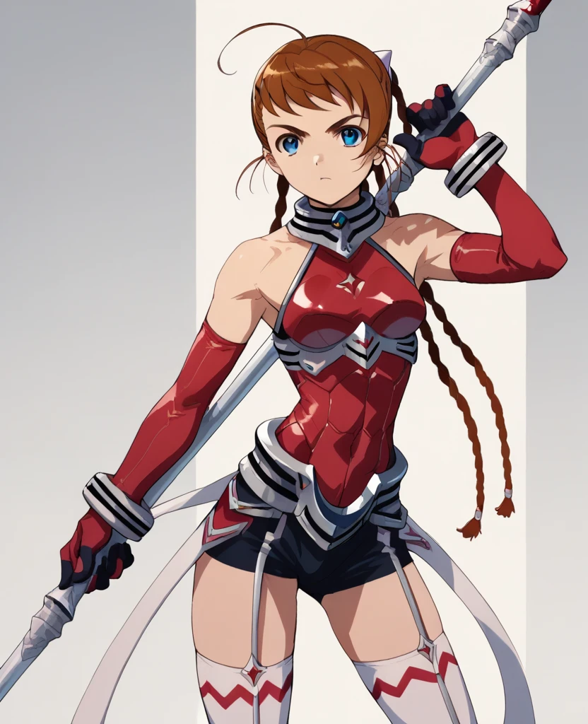 <lora:ArikaPony1.0:1> ArikaYumemiya, red battle armor, 1girl, solo,blue eyes,  thighhighs, braid, brown hair, ahoge, gloves,weapon,  white thighhighs, elbow gloves,standing, looking at viewer,   score_9, score_8_up, score_7_up, score_6_up, score_5_up, score_4_up , <lora:Smooth Anime Style LoRA XL:1>