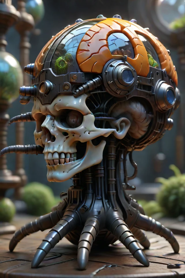 3D render of a sci-fi baroque concept design of anatomically correct brain device with terrarium, steampunk, intricate details, scientific, hyper detailed, photorealistic <lora:gl0ssy1_xl:1.2> 