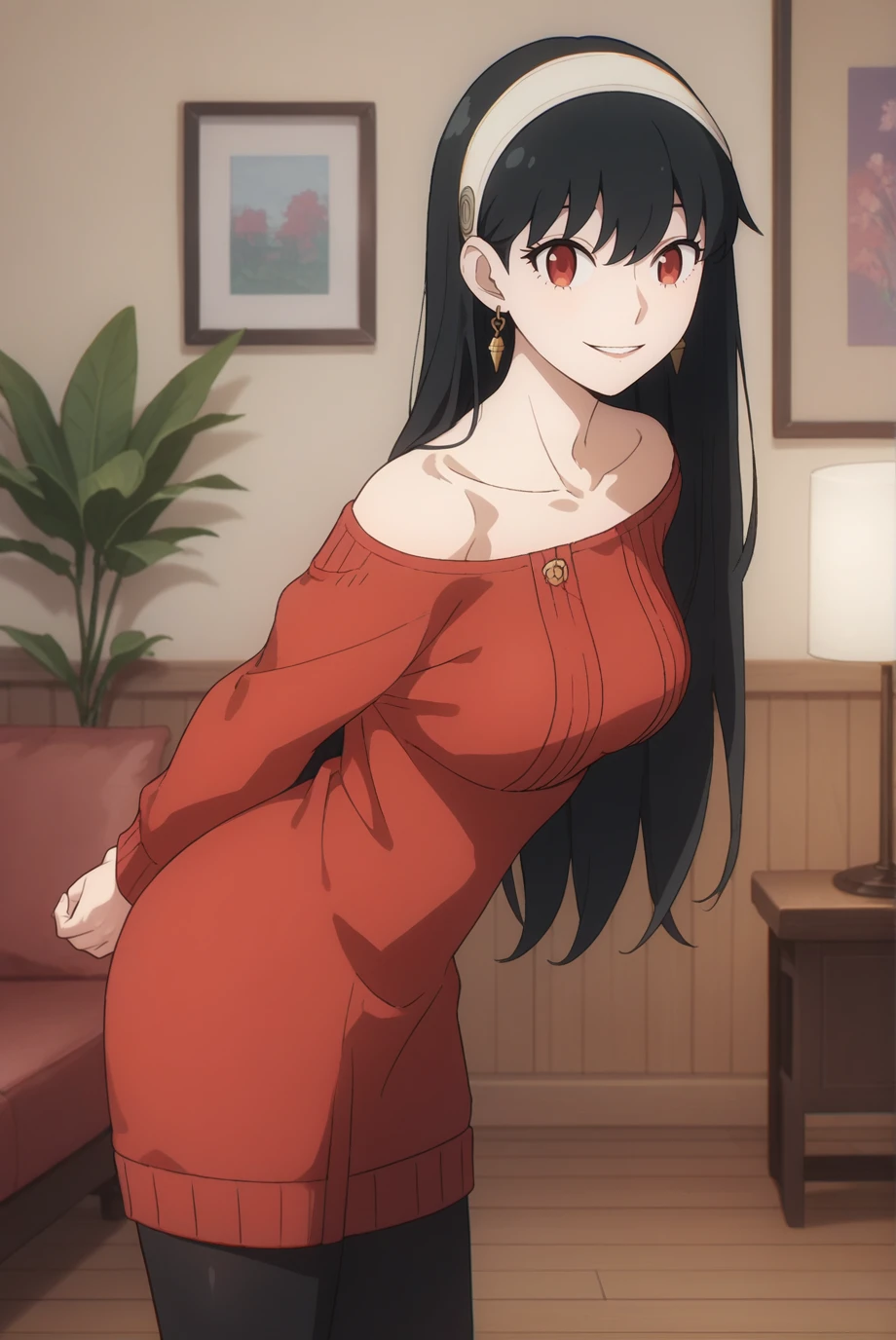 score_9, score_8_up, score_7_up, score_6_up, score_5_up, score_4_up, BREAK source_anime, 1girl, solo,
<lora:SpyxFamilyYorXL-v1-07:0.7>, ChopioYor, black hair, red eyes, gold earrings, looking at viewer,
long hair, straight hair, white hairband,
medium breasts, (thick thighs:0.6), 
outfit_2, bare shoulders, collarbone, red sweater, sweater dress, long sleeves, sleeves past wrists, off-shoulder sweater, black leggings,
living room, smile, parted lips, standing, legs, from side, arms behind back, leaning forward,