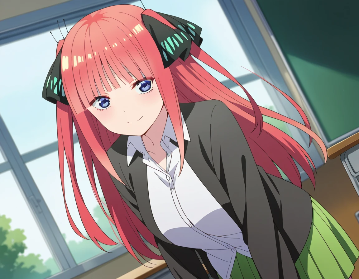 score_9, score_8_up, score_7_up, source_anime,
ninonakano, <lora:nino-nakano-s2-ponyxl-lora-nochekaiser:1>,
nino nakano, long hair, bangs, blue eyes, hair ornament, hair ribbon, pink hair, blunt bangs, two side up, butterfly hair ornament, mature female,
skirt, shirt, long sleeves, white shirt, pleated skirt, open clothes, collared shirt, sleeves past wrists, dress shirt, cardigan, green skirt, open cardigan, black cardigan,
indoors, classroom, bent over, smile,
looking at viewer, cowboy shot, dutch angle, solo,