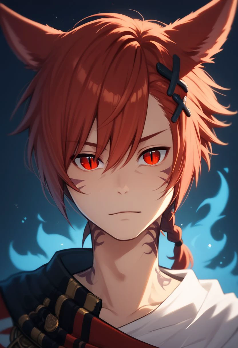 grahatiaffxivdsk, 1boy, male focus, solo, animal ears, red eyes, red hair, tattoo, miqo'te, neck tattoo, cat ears, looking at viewer, hair between eyes, facial mark, hair ornament, x hair ornament, bangs, holding, glowing, slit pupils, braid, short hair, portrait, jewelry, short ponytail, PonyXLV6_Scores zPDXL