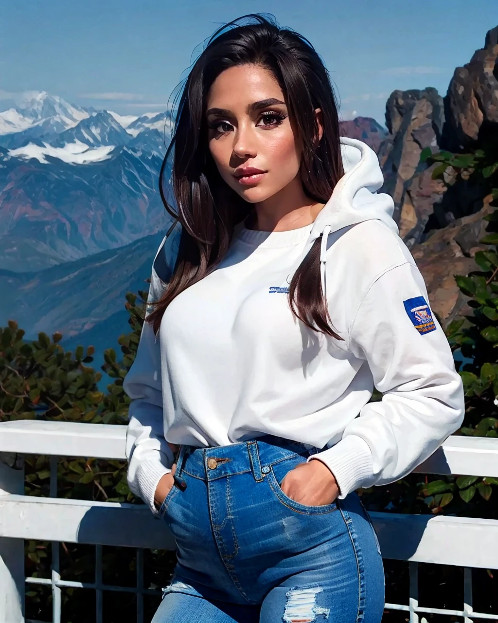 <lora:0B746230C6:0.75> Jena, jenaveve,  ((sfw:1.0)) model, ((best quality photo)), ((light and harsh shadows)), ((on top of a mountaint)) ((5-wearing a long white sweather and jeans)), closeup