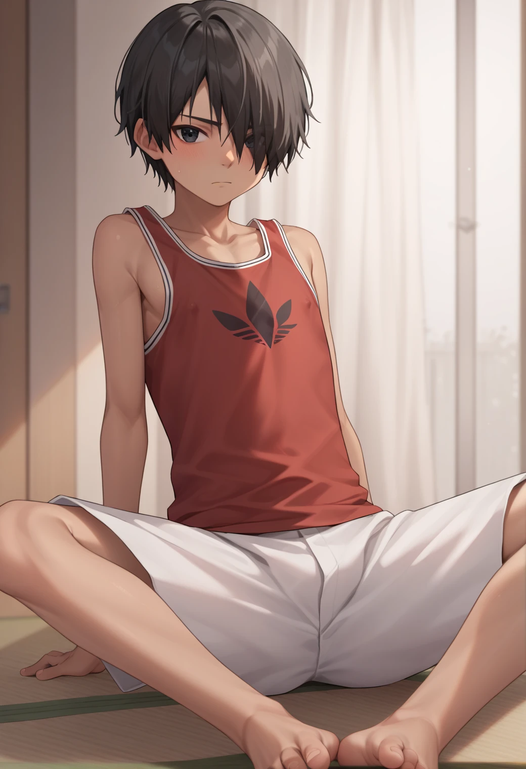 score_9_up, score_8_up, score_7_up, score_6_up, score_9, cute, 1boy, kazuma ikezawa, black hair, black eyes, red tank top, white shorts, hair over one eye, best quality, amazing quality, best aesthetic, absurdres ,source_anime, source_, score_5_up<lora:EMS-361293-EMS:1.000000>