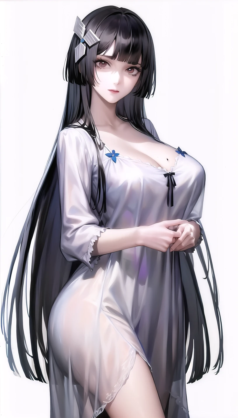 hair flower, mole under eye,very long hair, 
(nightgown:1.28),
lady,mature female, cowboy shot,
(white background,simple background:1.18),
highres,official art,original,masterpiece,best quality,
(huge breasts:0.8),
<lora:Sumire1:0.8>