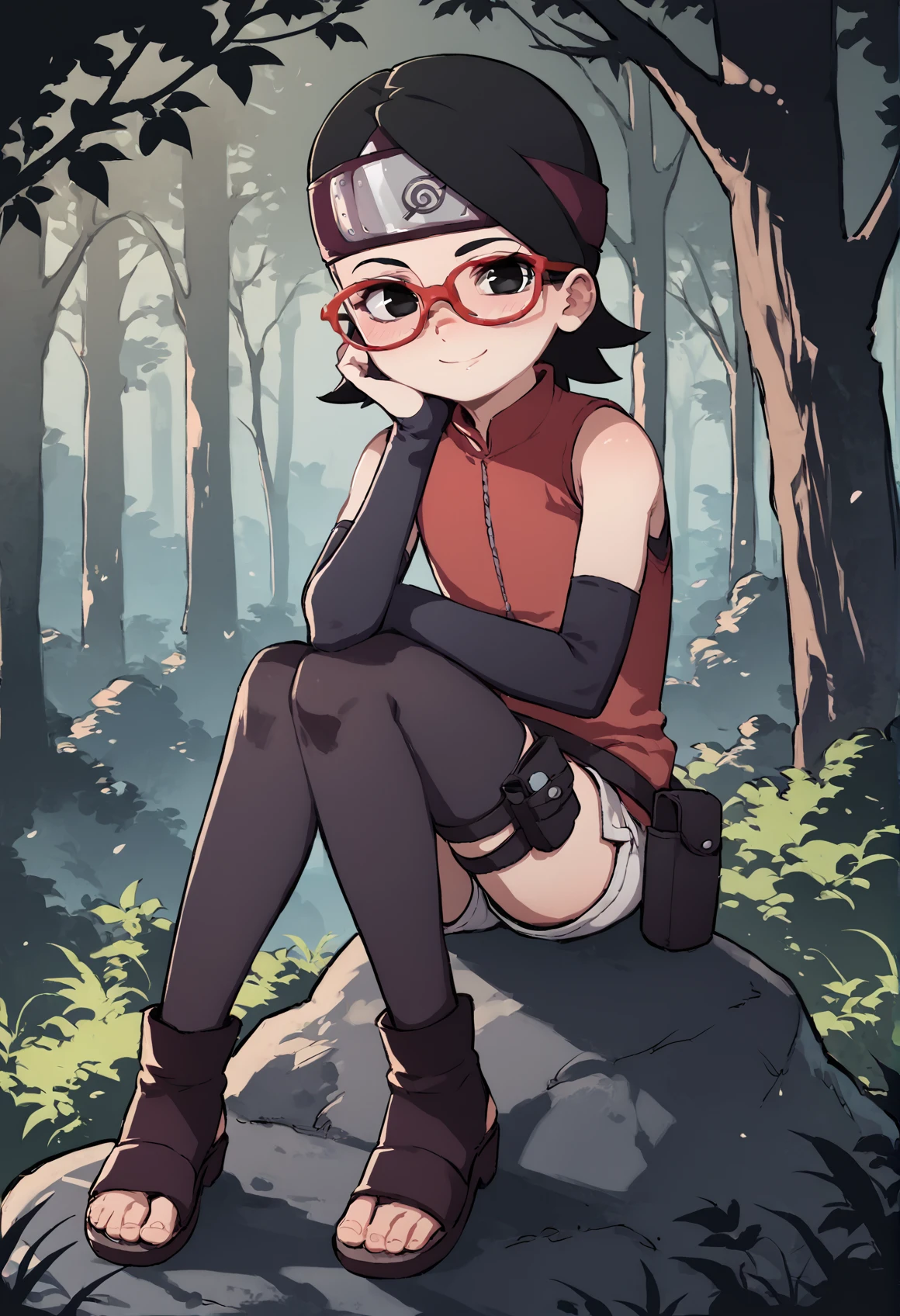 (score_9, score_8_up), score_7_up, zPDXL, Sarada Uchiha, solo, 1girl, black hair, short hair, red-framed eyewear, glasses, black eyes, red dress, sleeveless, elbow gloves, black gloves, fingerless gloves, white shorts, black thighhighs, thigh holster, toeless sandals, smile, looking at viewer, blushing, forehead protector, konohagakure symbol, sunny, forest, sitting on rock, <lora:Sarada_Uchiha_XL_Pony_V2:1>, <lora:Orenji:1> orenji