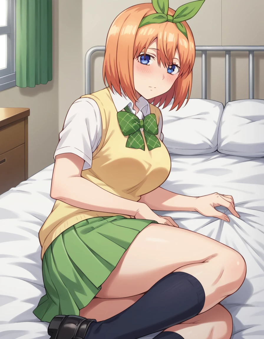 score_9, score_8_up, score_7_up, source_anime,
yotsubanakano, <lora:yotsuba-nakano-s1-ponyxl-lora-nochekaiser:1>, 
yotsuba nakano, bangs, short hair, blue eyes, hair between eyes, hair ribbon, hairband, orange hair, green ribbon, mature female,
skirt, shirt, bow, ribbon, school uniform, white shirt, short sleeves, pleated skirt, shoes, socks, collared shirt, miniskirt, bowtie, black footwear, kneehighs, green skirt, black socks, loafers, green bow, sweater vest, green ribbon, yellow sweater vest,
indoors, bed, bed room, on side, blush, drunk,
looking at viewer, cowboy shot, dutch angle, solo,