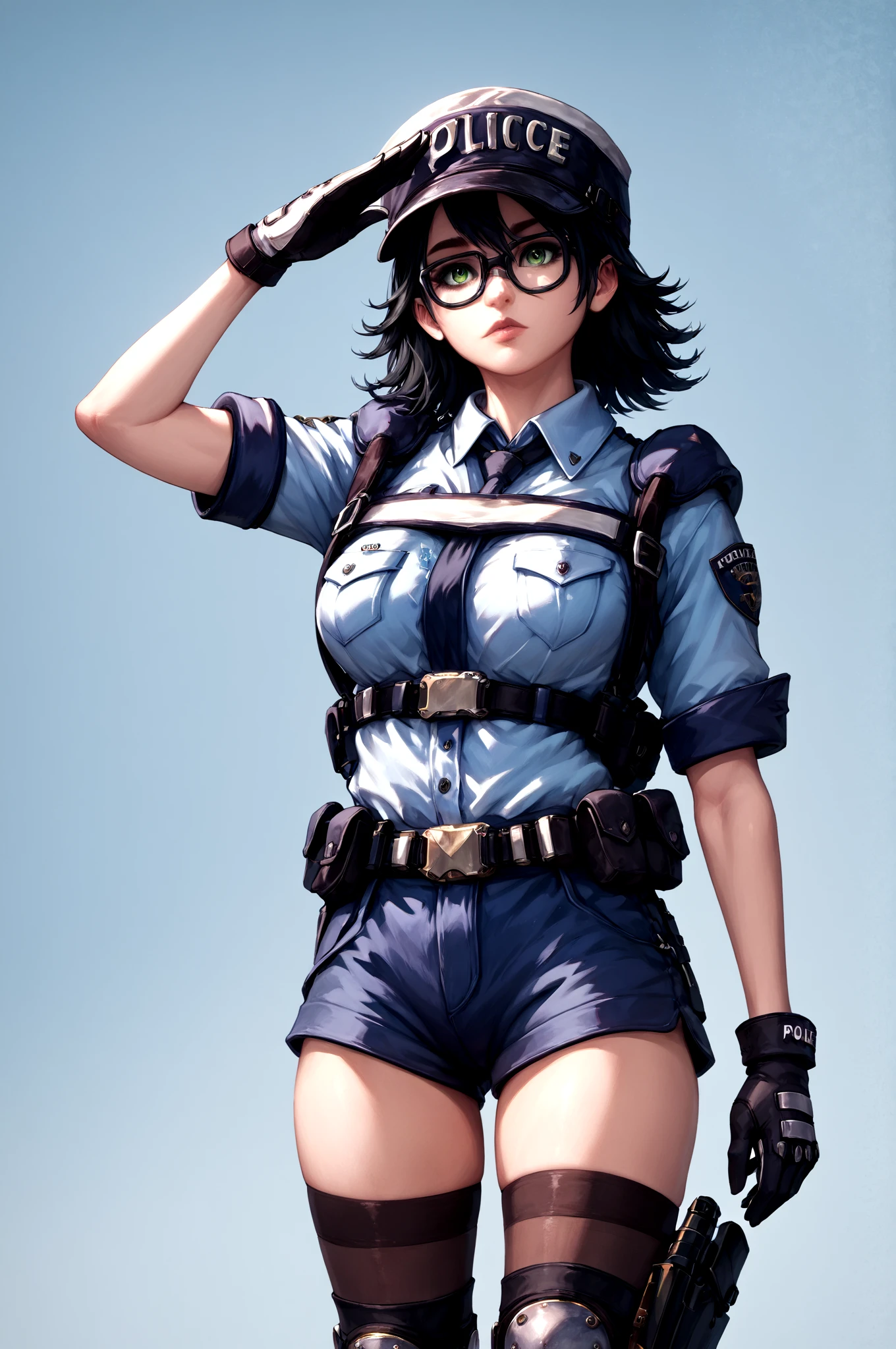 score_9,score_8_up,score_7_up,  <lora:MarieWentz100steps16Dim-000005:0.8> marie_wentz, black_hair, police_uniform, police_hat, glasses, shorts, knee_pads, green_eyes, thighhighs, salute, gloves, , (high quality, detailed, beautiful)