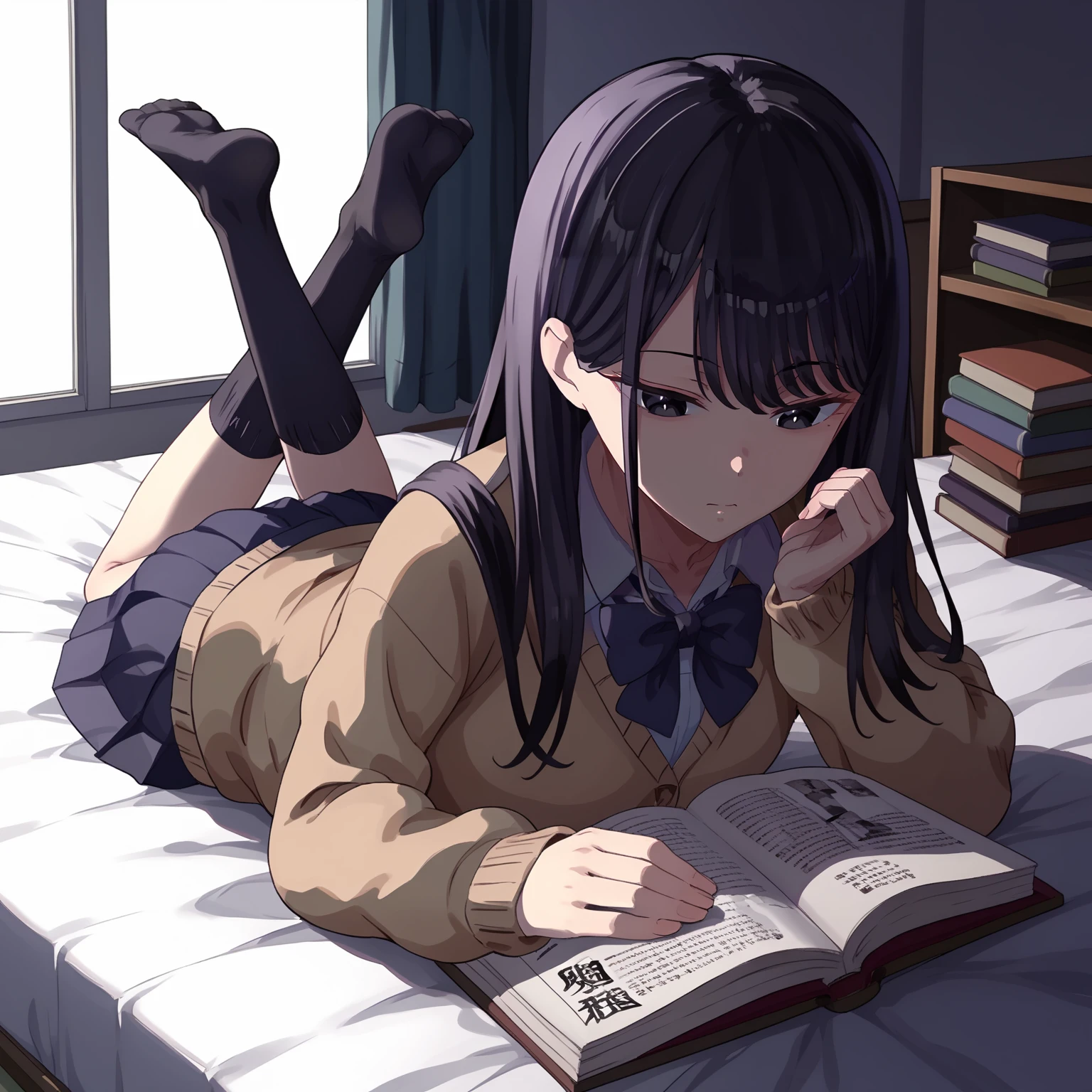 <lora:HikariKurodaXLpony001>,
solo,
HikariKuroda,1girl,black hair,long hair,black eyes,
school_uniform,cardigan,bowtie,
pleated_skirt,
socks,
on bed,reading a book,on stomach,