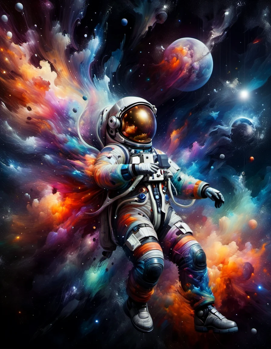 wallpaper of an astronaut floating in the vastness of space, in the style of mesmerizing colorscapes, energy-filled illustrations, colorful, glorious, contrasting lights and darks, photorealistic paintings, energy-charged <lora:ral-dstgrtptrn-sdxl:1>  made out of ral-dstgrtptrn