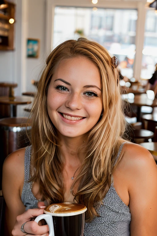 <lora:Ember:0.8>, full color portrait of a young woman, having coffee at a vintage cafe, smile, natural light, RAW photo, subject, 8k uhd, dslr, soft lighting, high quality, film grain, Fujifilm XT3