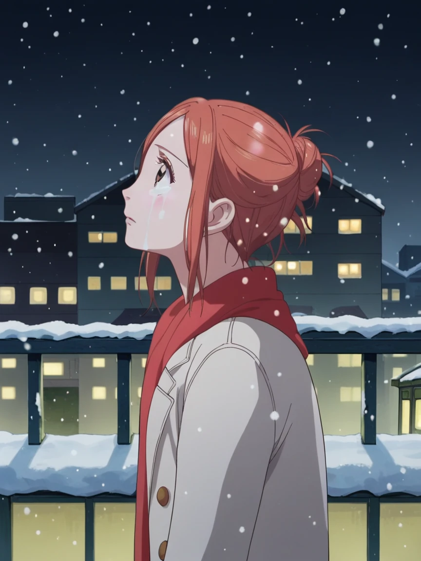 score_9, score_8_up, score_7_up, source_anime, Risa Koizumi, ginger hair, very tall, school girl, stylish,brown eyes, big eyes, winter casual outfit,<lora:Risa_Koizumi_SDXL:1>, standing, looking up, sad, tears, face focus, from side, background rooftop, at night, snow, snowfall, best quality, masterpiece