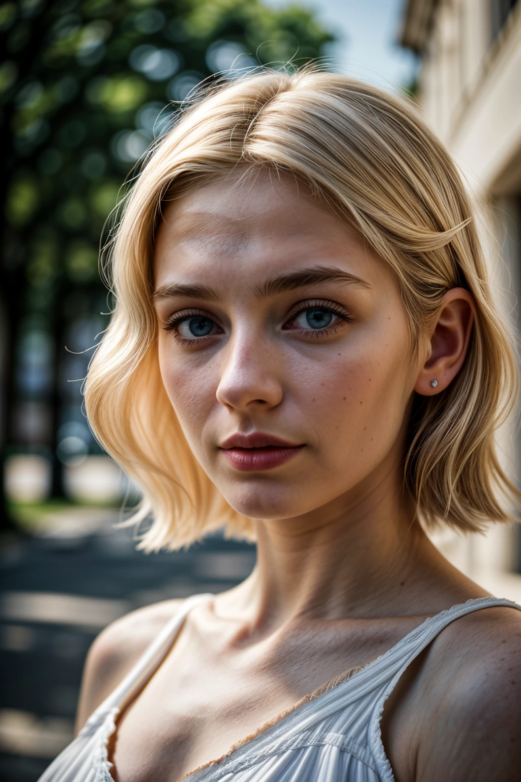 ((Best quality)), ((masterpiece)), (detailed), perfect face, Beautiful girl, wide cheekbones, blonde, realism, Toned figure, small breasts, In Lifchik, Shoulder-length haircut, slick hair