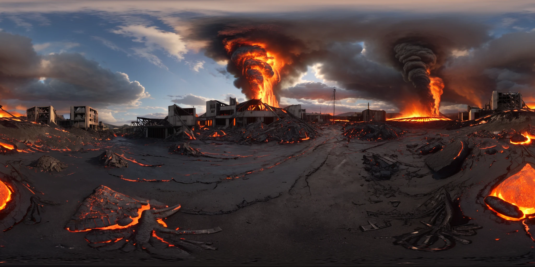 hd,2k,detailer,Create a realistic VR360 image depicting a scene set in a lava apocalypse, moments before the Earth is about to explode. The environment is filled with abandoned, crumbling buildings amid surging lava flows. The landscape is chaotic, with glowing lava illuminating the dark, ash-filled sky. The atmosphere conveys a sense of imminent destruction, showcasing a world on the brink of annihilation. <lora:sanbaro_V2:0.9>