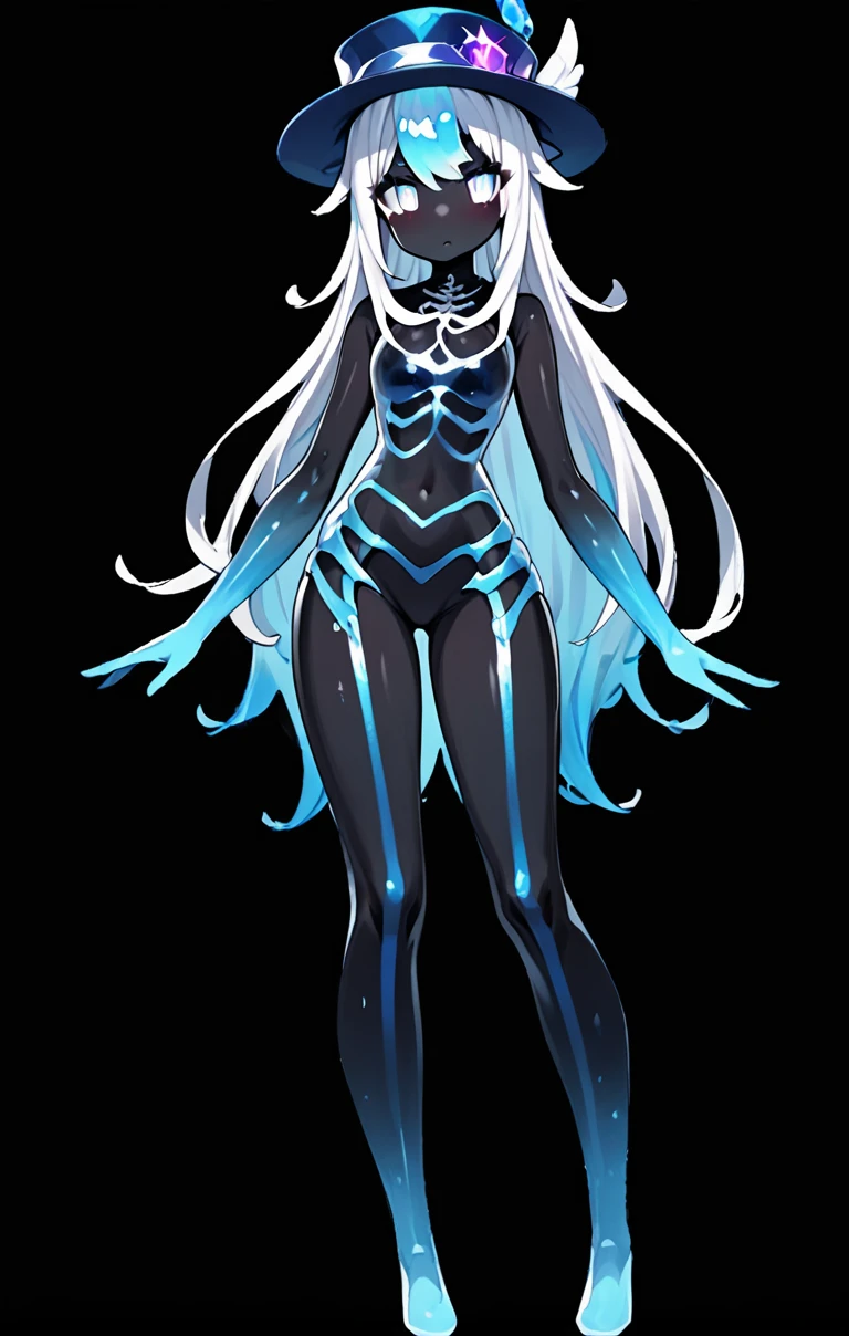 Masterpiece,absurd resolution,high quality,8k,
TranslucentVisibility,score_9,1girl,solo,long hair,looking at viewer,simple background,hat,standing,full body,white hair,multicolored hair,virtual youtuber,see-through,glowing,colored skin,monster girl,black background,blue skin,white eyes,no mouth,black skin,slime girl
 <lora:translucent_Xl:0.8>