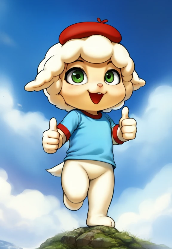 <lora:CloudMarshmallowTimesII:0.7>  [Forest, path, trees, sky clouds, mountains,]  CloudMarshmallowTimesII, red beret hat, elbow-length T-shirt, green eyes, Blue T-shirt with red sleeves, chibi, sheep
textured fur, solo, looking at viewer, to his full height, (beautiful, aesthetic, perfect, delicate, intricate, masterpiece, ) chibi,  (thumbs up)
[by kenket|by totesfleisch8], by thebigslick:by silverfox5213:0.8], [by syuro, by paloma-paloma::0.2, (Tricksta, TotesFleisch8)