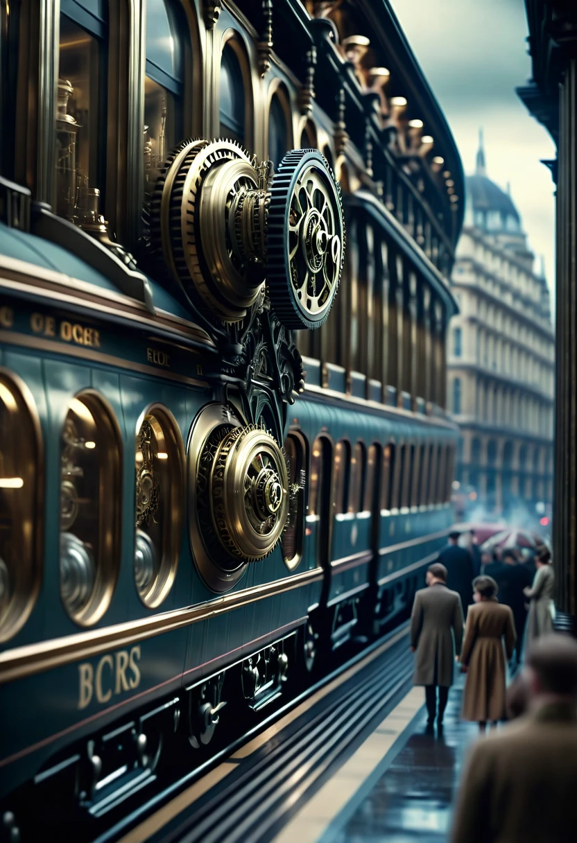 cinematic film still The very Gentle image is inspired by Britpop featuring a, In a surreal landscape, the streets of London are transformed into an otherworldly scene. A train with intricate gears and mechanisms is unfolding through the prism of time, shallow depth of field, vignette, highly detailed, high budget Hollywood film, cinemascope, moody, epic, gorgeous,