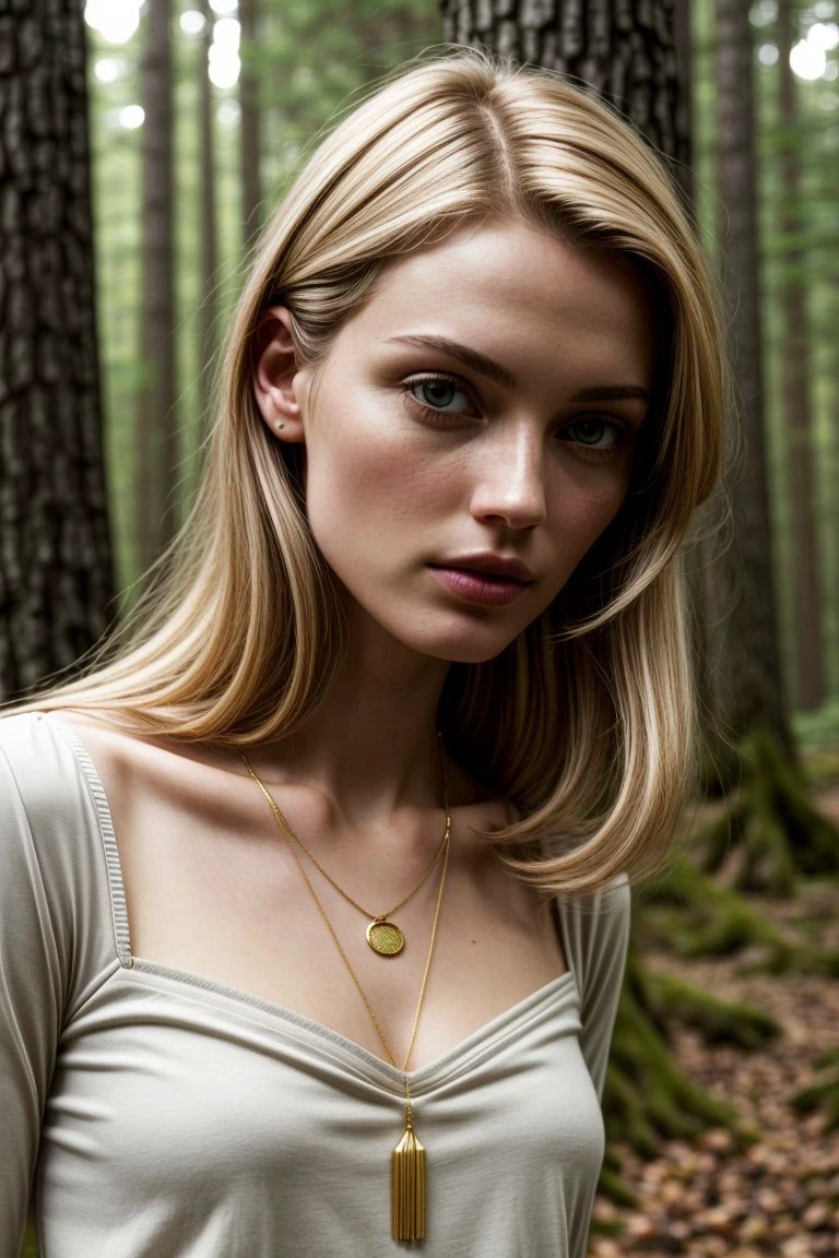 European woman, closeup, (shirt), pants, (california redwoods), gold necklace , ZM_kim, wide shoulders, perfect face, (contact iris: 1.1), pale skin, skin pores , depth of field