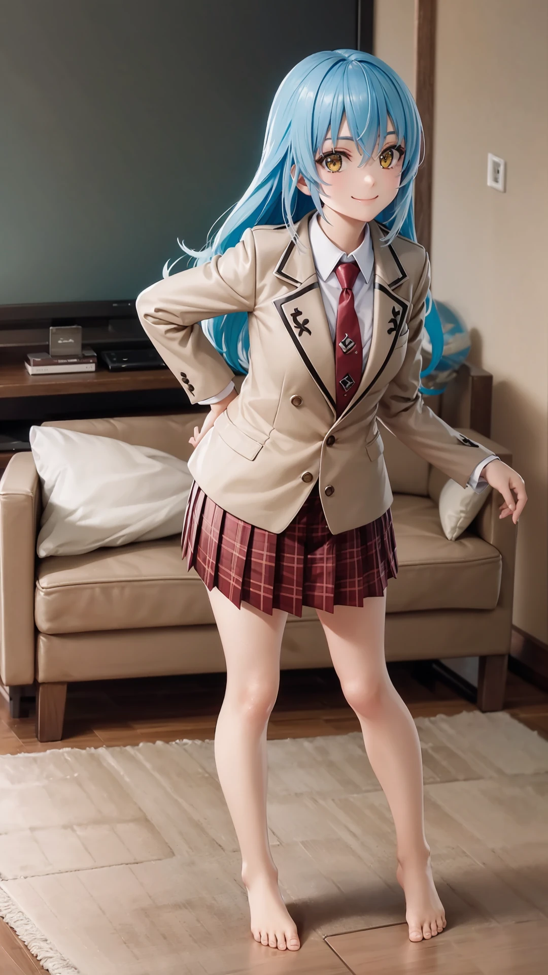 (masterpiece, best quality),ray tracing,absurdres, HDR,rimuru tempest, campus, skirt, 1girl,large breasts,  blue hair, school uniform, plaid skirt, necktie, long hair, smile, plaid, yellow eyes, , jacket, pleated skirt, full body, , , , standing, blazer, looking at viewer, solo, , hair between eyes, ,red necktie, shirt, bangs, barefoot, red skirt, white shirt, collared shirt, closed mouth,  , long sleeves, miniskirt,indoors, living room,<lora:rimuru campus_v2:0.7>