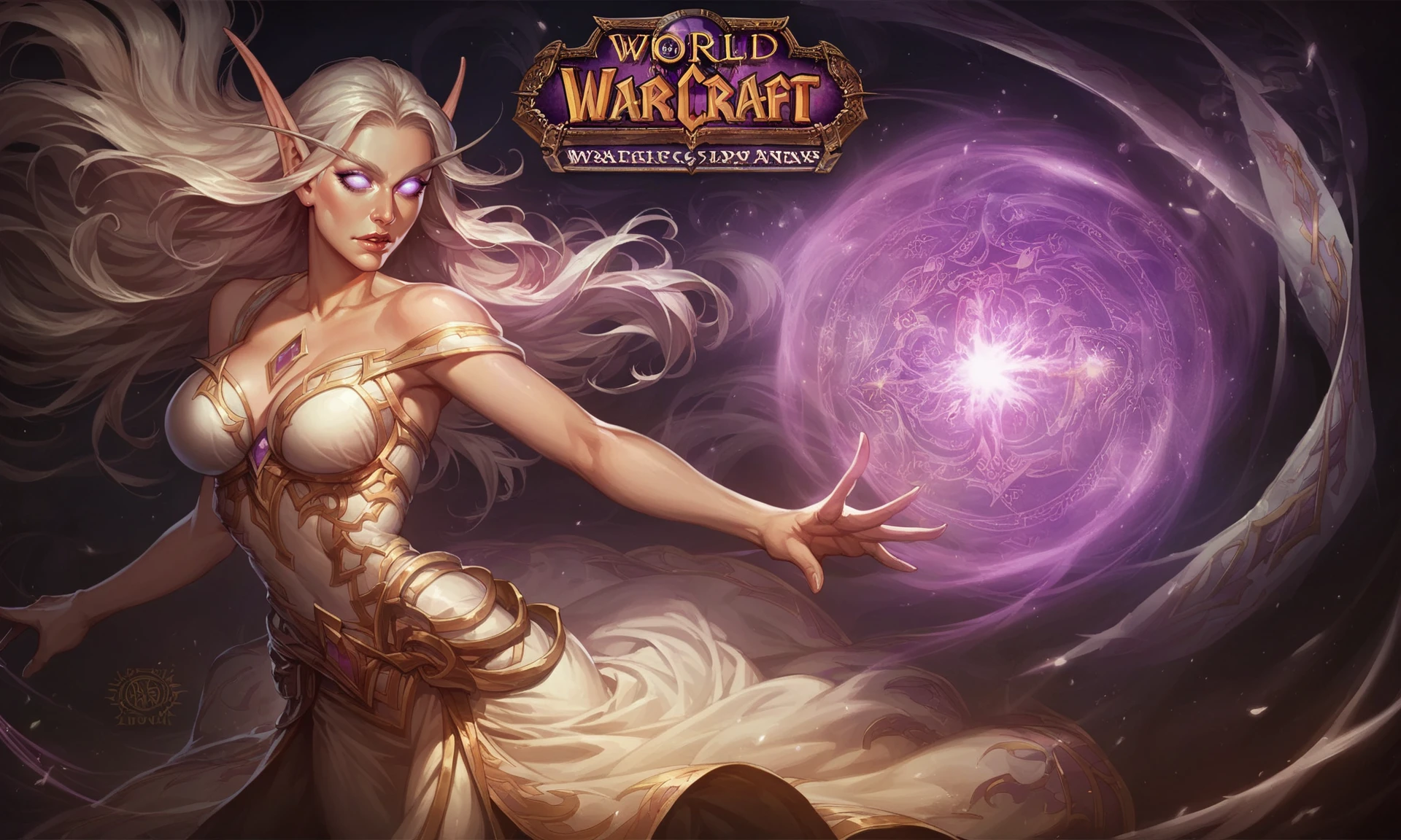 score_8_up, score_7_up, beautiful curvy elf girl casting spell, ornate armored white dress with purple print, dynamic pose, golden trim, pale, windblown long white hair, glowing eyes, makeup, purple magic effects, particles, fantasy   <lora:sxz-wowload-civit-pdxl:0.8> wowload, warcraft logo