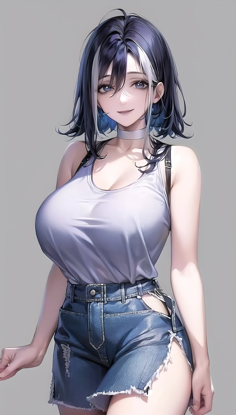 smile, 
(tank top:1.28),
lady,mature female, cowboy shot,
(white background,simple background:1.18),
highres,official art,original,masterpiece,best quality,
(huge breasts:0.9),
 <lora:Adela:0.8>