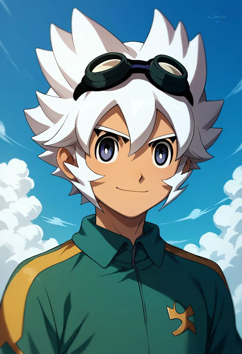 score_9, score_8_up, score_7_up, source_anime, highly detailed, 1boy, solo, male_focus, skinny, slender, cute,
male focus, 1boy, solo, goggles, soccer uniform, cloud, goggles on head, sportswear, sky, day, upper body, white hair, smile, blue sky,