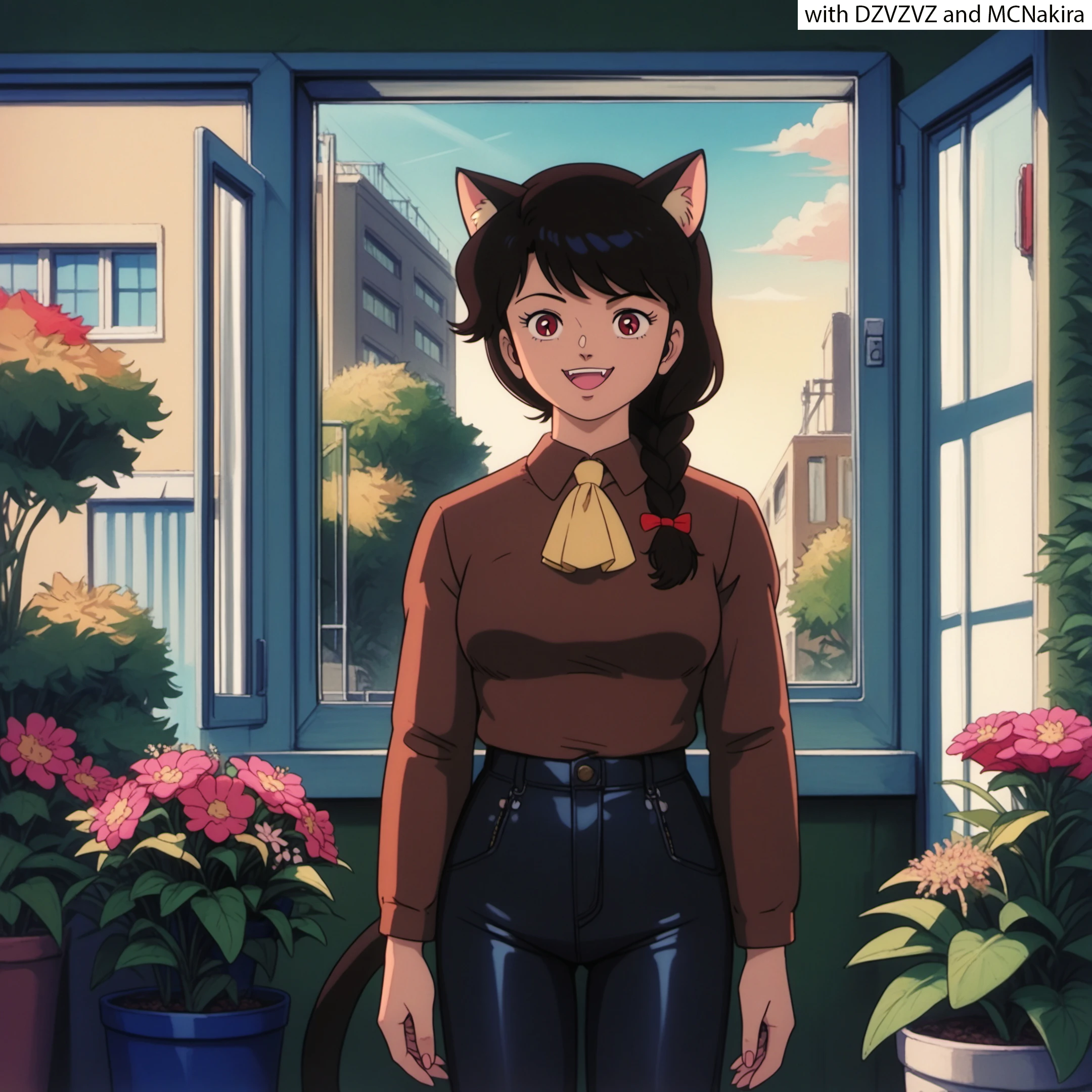 DZVZVZ, score_9, score_8_up, score_7_up, score_6_up, source_anime, cowboy shot, solo, 1girl, catgirl, red eyes, happy, single braid, black hair, sukajan, brown shirt, (leather pants:1.2), ascot, greenhouse, window, garden, blooming flowers, fragrant, medium breasts, (MCNakira:0.5)