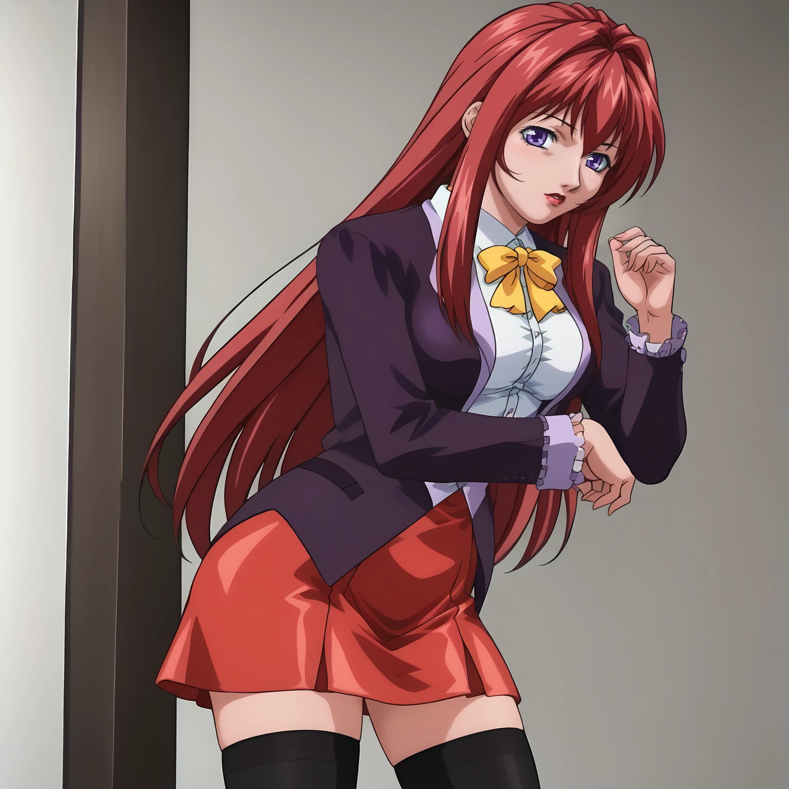 <lora:HirokoTakashiroXLpony001>,
solo,
HirokoTakashiro,1girl,red hair,long hair,purple eyes,red_lips_,
purple jacket,white shirt,white trim,long_sleeves,yellow ribbon tie,
red skirt,
black_thighhighs,