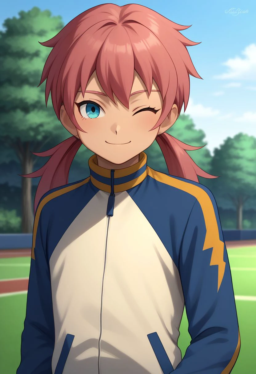 score_9, score_8_up, score_7_up, source_anime, highly detailed, 1boy, solo, male_focus, skinny, slender, cute, 
gabi_ina, male focus, 1boy, solo, twintails, pink hair, blue eyes,  track jacket,  jacket, smile, raimon, long hair, track suit, wink,