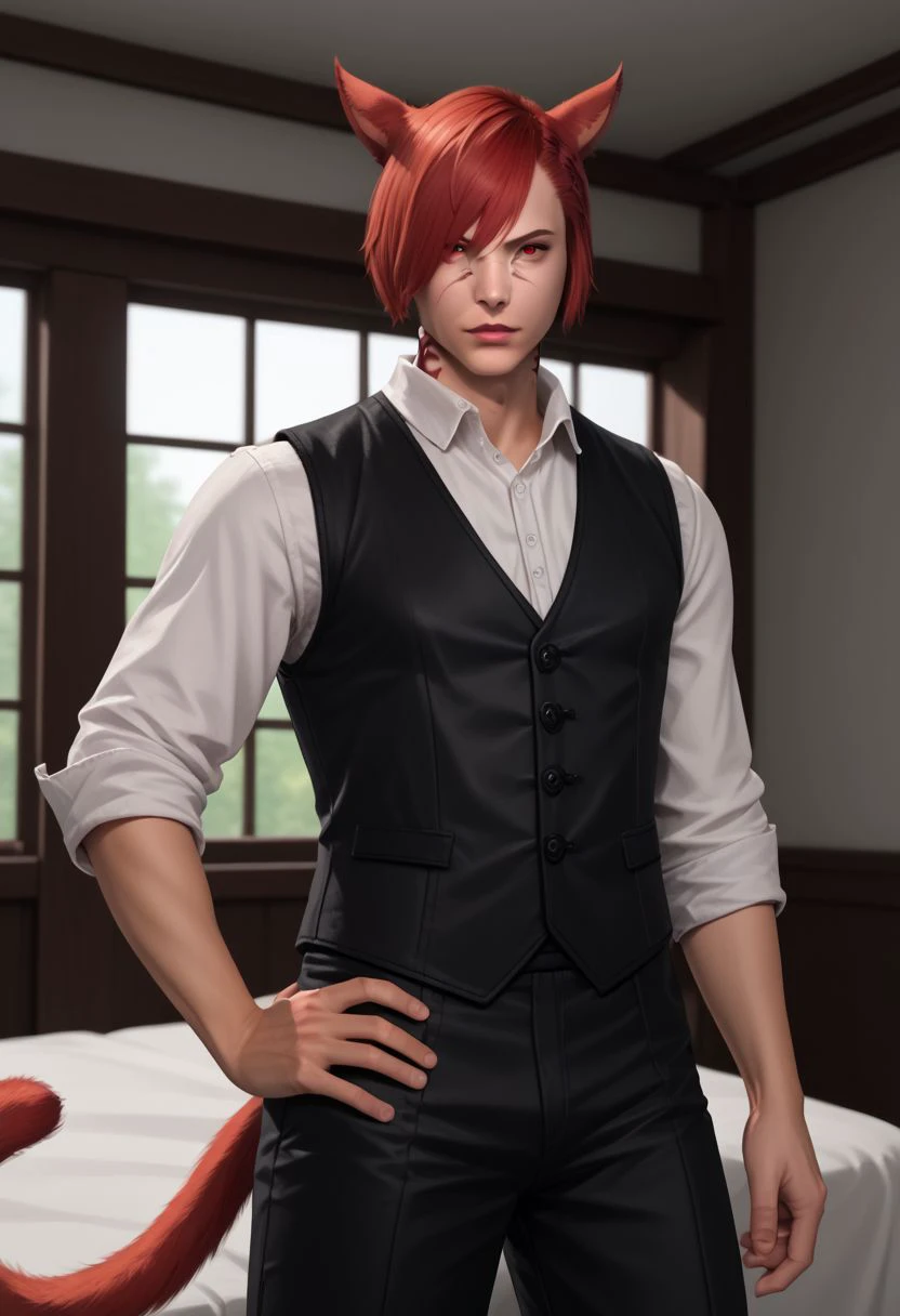 grahatiaffxivdsk, miqo'te, 1boy, male focus, solo, animal ears, cat ears, red hair, cat boy, tail, indoors, cat tail, black pants, short hair, facial mark, pants, shirt, neck tattoo, vest, upper body, white shirt, red eyes, portrait, realistic, hand on hip, holding, holding jacket, sleeves rolled up, hair over one eye, window, jacket removed, black vest  PonyXLV6_Scores