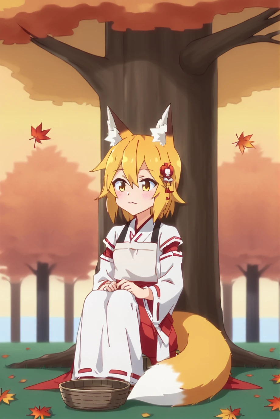 1 girl, senko, miko clothes, fox tail, fox ears, sitting under tree, autumn, falling leaves, hair accessory, <lora:SenkoXL-000015:0.7>