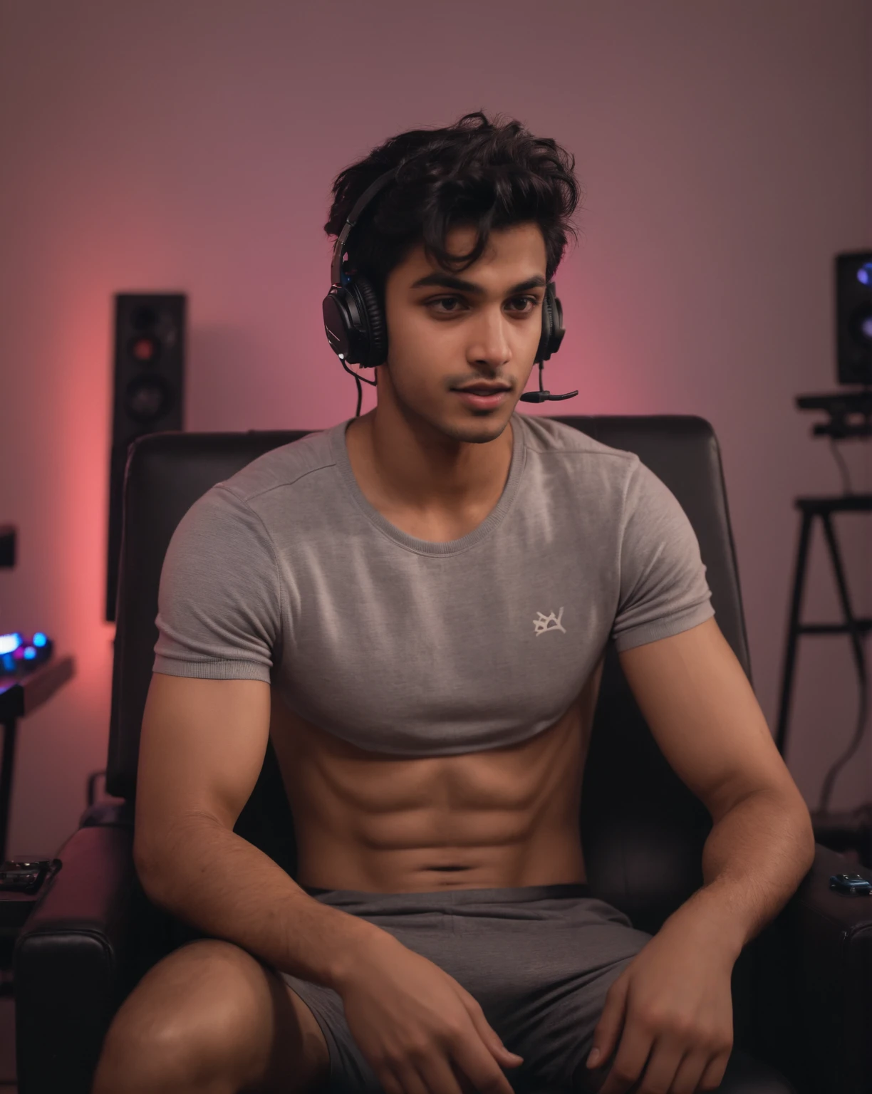 Indian male model, slim thin twink, looking sideways, headset on head, messy hair, shirtless, wearing grey boxers, big bulge, thick thighs, chest hair, sitting on gaming chair, gaming controller in hands, looking at gaming setup, gaming setup in foreground, cinematic lighting, neon lights, Kodachrome, <lora:mlmdls_indianXL:1>, <lora:JuggerCineXL2:1>