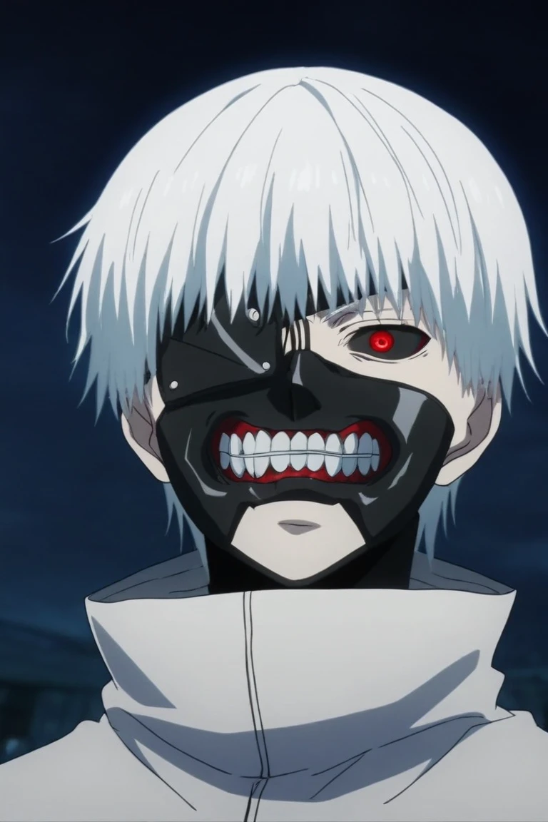 score_9, score_8_up, score_7_up, source_anime, rating_safe, intricate details, anime screencap, , , , , depth of field, 1boy, solo, male focus, <lora:ken_kaneki_pony:0.92>, ken_kaneki, white hair, short hair, bangs, colored sclera, black sclera, red eyes, mask, mouth mask, teeth, , , , , <lora:sdxl_lightning_8step_lora:1>