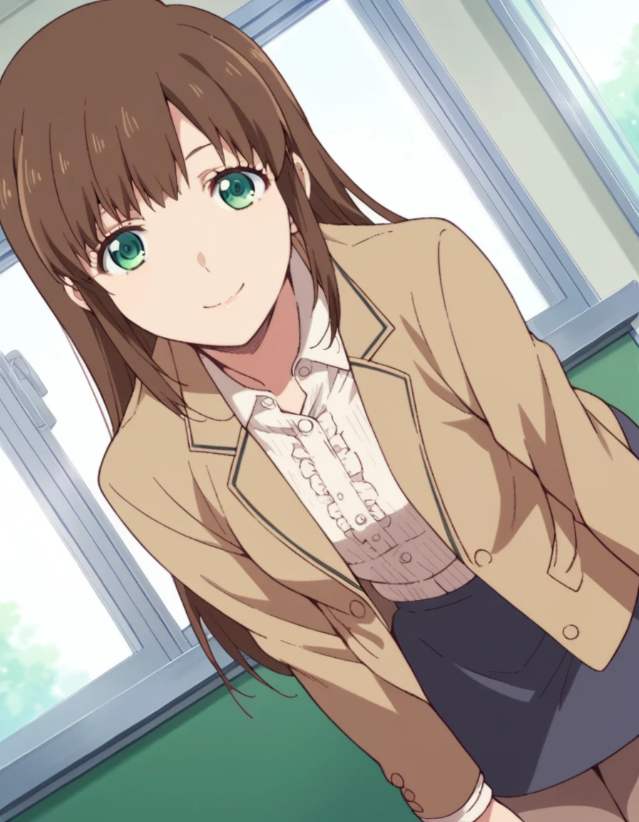 score_9, score_8_up, score_7_up, source_anime,
hinatachibana, <lora:hina-tachibana-s1-ponyxl-lora-nochekaiser:1>,
hina tachibana, long hair, brown hair, green eyes,
skirt, jacket, pantyhose, formal, suit,
indoors, classroom, bent over, smile,
looking at viewer, cowboy shot, dutch angle, solo,