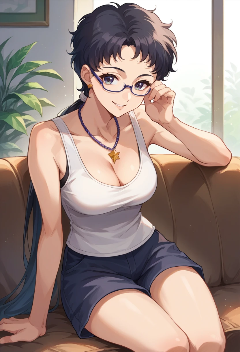 score_9, score_8_up, source_anime, 1girl, solo, SailorStarFighter, black hair, long hair, low ponytail, glasses, tank top, cleavage, necklace, sleeveless, shorts, smile, indoors, sitting, on couch, <lora:ChamSailorStarFighterPonyXL-000006:1>