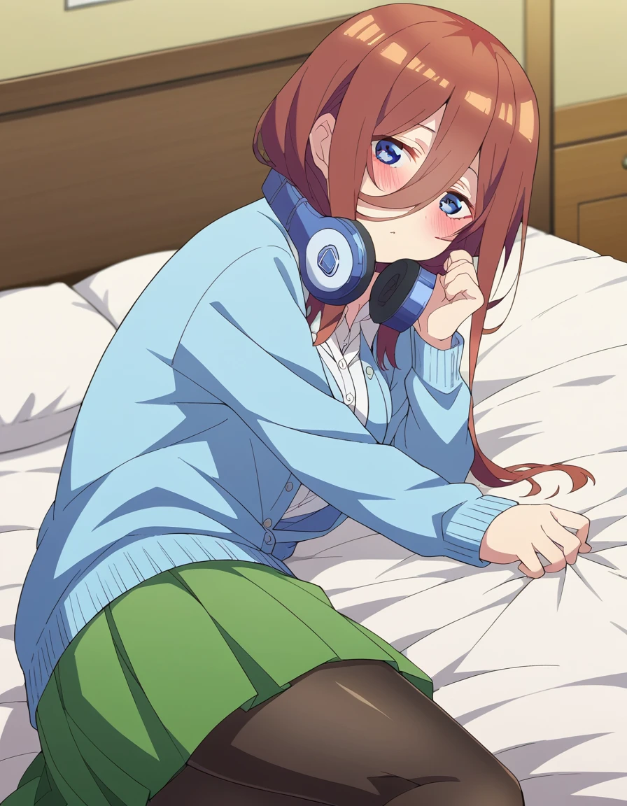 score_9, score_8_up, score_7_up, source_anime,
mikunakano, <lora:miku-nakano-s2-ponyxl-lora-nochekaiser:1>,
miku nakano, long hair, bangs, blue eyes, brown hair, shirt, hair between eyes, headphones, cardigan, headphones around neck,
skirt, shirt, long sleeves, white shirt, pantyhose, pleated skirt, black pantyhose, cardigan, green skirt, blue cardigan,
indoors, bed, bed room, on side, blush, drunk,
looking at viewer, cowboy shot, dutch angle, solo,