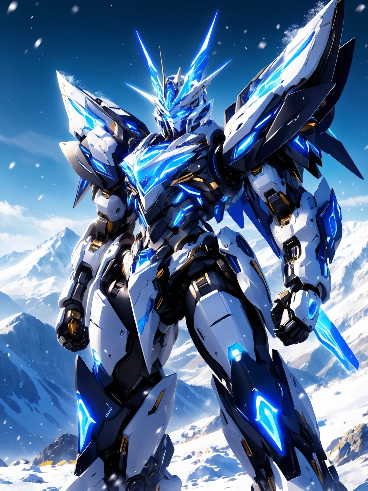 A clean white mech standing at the foot of a snowy mountain,blue energy core,glowing eyes,best quality,intricate details,<lora:p7-nijimecha-000009:0.7>,nijimecha,