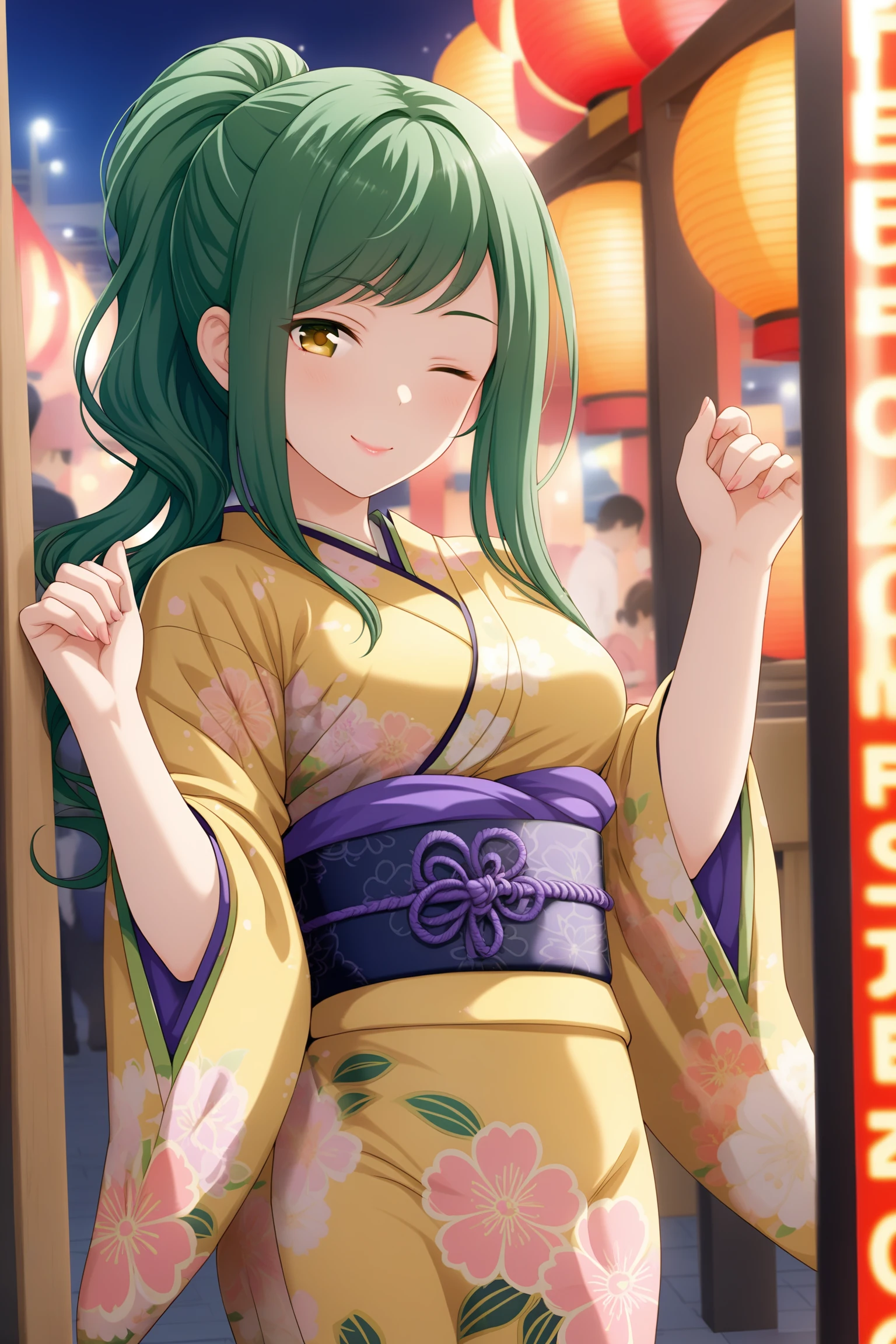 (masterpiece, best quality, very aesthetic, ultra detailed), intricate details, highly detailed background, perfect lightingbest quality, kokonoeshinobu, solo, outdoors, night, summer festival, green hair, ponytail, swept bangs, long hair, one eye closed, yellow eyes, medium breasts, yellow kimono, floral print, japanese clothes, smile, closed mouth, ;), pink lips, <lora:Kokonoe-Shinobu:0.7>