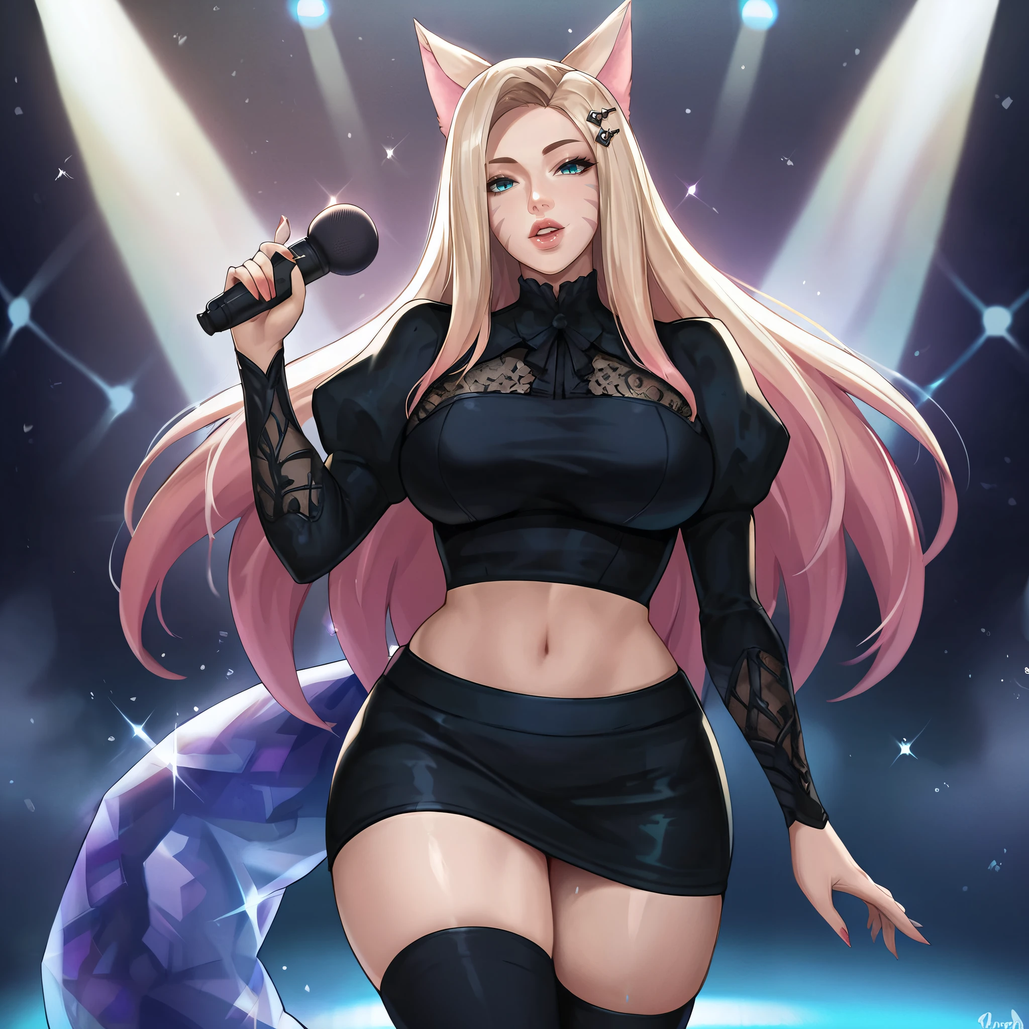 1score_9, score_8_up, score_7_up, rating_questionable, source_anime,   <lora:ahribaddest-10:0.8> ahribaddest, fox ears, whisker markings, hairclip, long sleeves, puffy sleeves, midriff, crop top, thighhighs, black skirt, lips, large breasts, looking at viewer, stage, holding microphone, singing, cowboy shot,