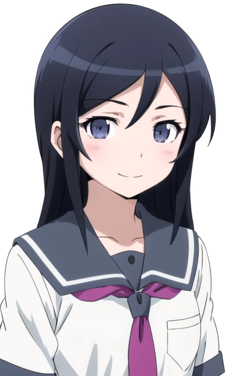 solo, 1girl, looking at viewer, 2D, anime, anime coloring, upper body, (simple background, solid white background:1.3), <lora:ayase-oreimo:0.8>, ayase aragaki, school uniform, serafuku, smile