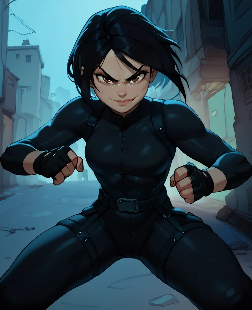 score_9,score_8_up,score_7_up,score_6_up,smug,
jadejca,short black hair,brown eyes,
black fingerless gloves,black bodysuit,black belt,straps,
Hong Kong,alley,fighting stance,serious,
night,
<lora:JadeJCA:1>,solo,