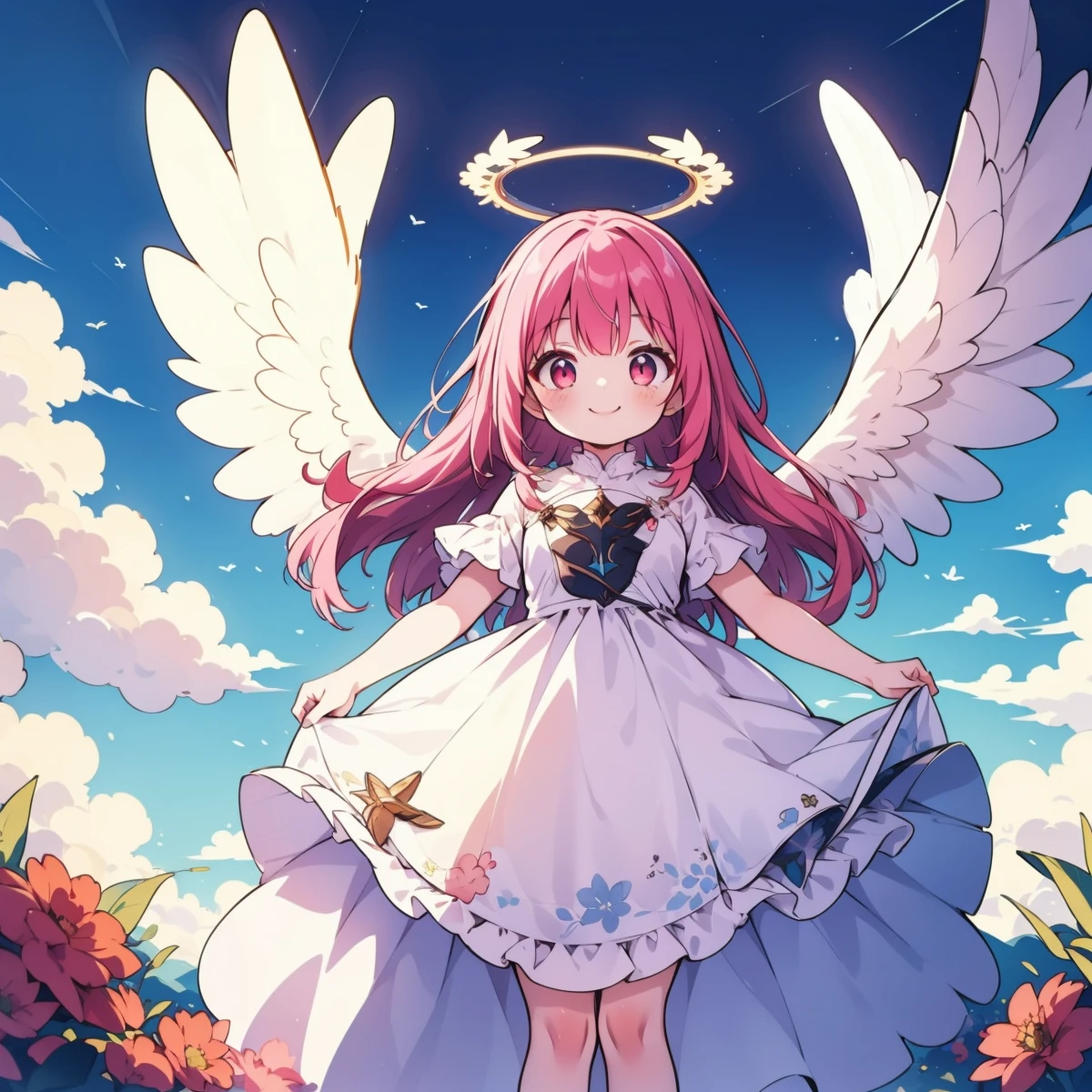 masterpiece,best quality,1girl,dress,halo,cloudy blue sky,angelic wings,pink hair,long hair,red eyes,smile,looking at viewer,closed mouth,full body,