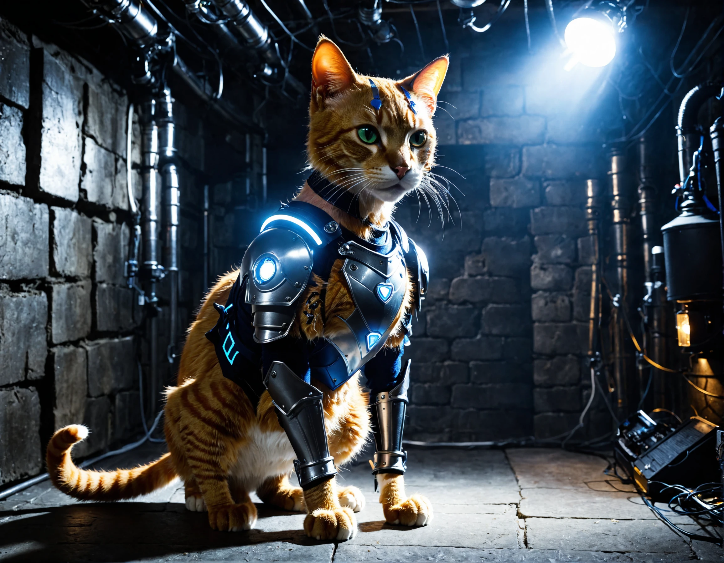 cybrk, an anthropomorphic cat posing in a dark basement, spotlight, highly detailed, exciting <lora:cybrk-knight:1>